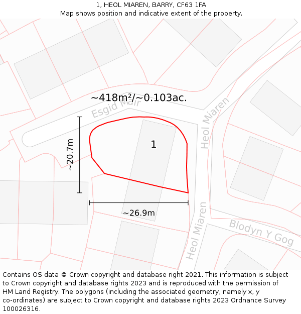 1, HEOL MIAREN, BARRY, CF63 1FA: Plot and title map