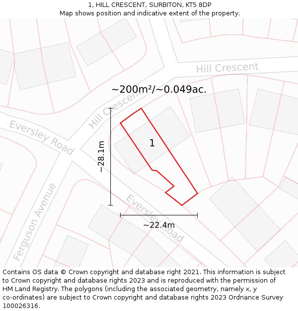 1, HILL CRESCENT, SURBITON, KT5 8DP: Plot and title map