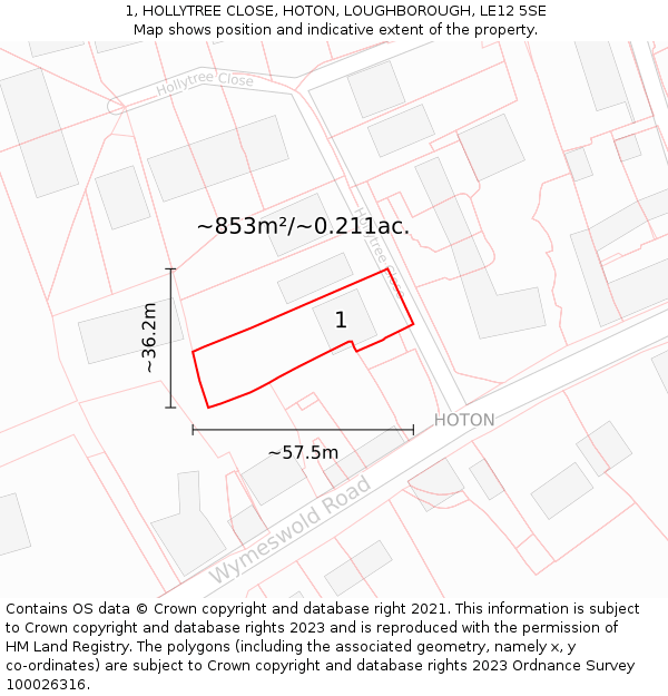 1, HOLLYTREE CLOSE, HOTON, LOUGHBOROUGH, LE12 5SE: Plot and title map