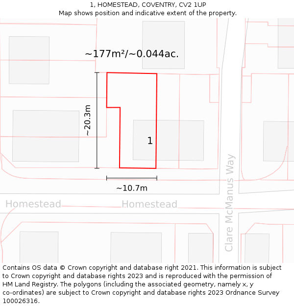 1, HOMESTEAD, COVENTRY, CV2 1UP: Plot and title map