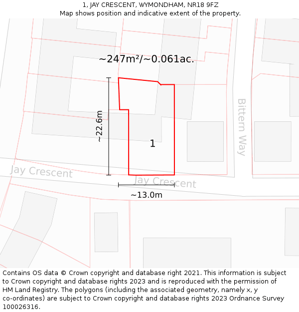 1, JAY CRESCENT, WYMONDHAM, NR18 9FZ: Plot and title map