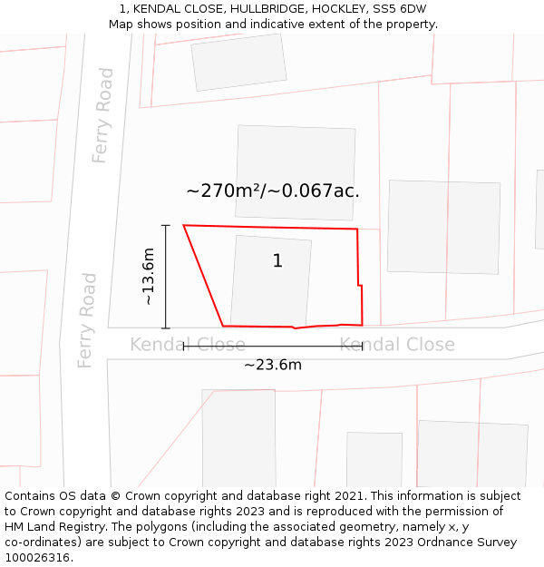 1, KENDAL CLOSE, HULLBRIDGE, HOCKLEY, SS5 6DW: Plot and title map