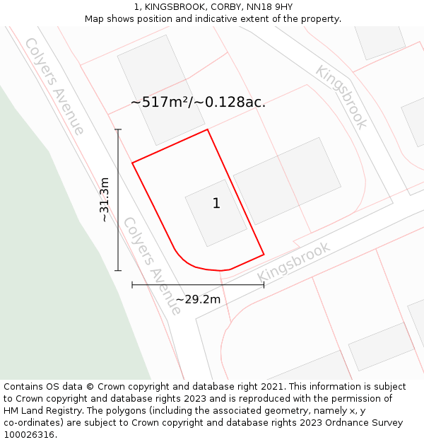 1, KINGSBROOK, CORBY, NN18 9HY: Plot and title map