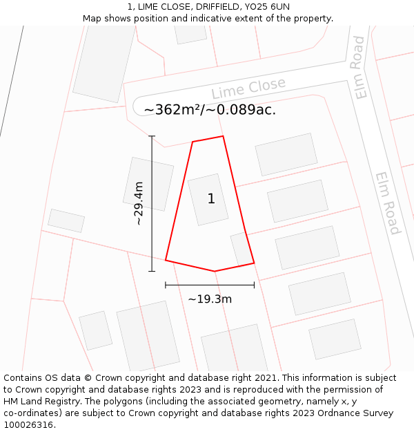 1, LIME CLOSE, DRIFFIELD, YO25 6UN: Plot and title map