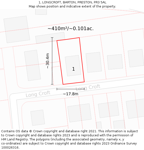 1, LONGCROFT, BARTON, PRESTON, PR3 5AL: Plot and title map