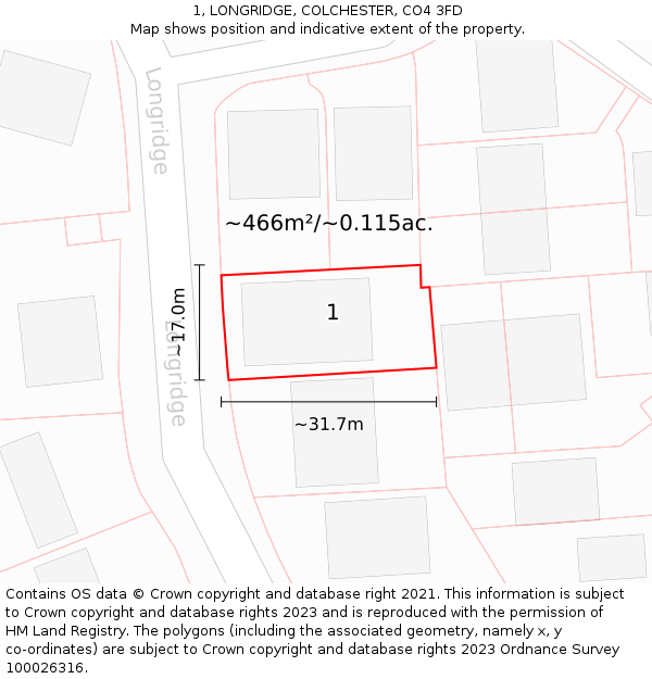 1, LONGRIDGE, COLCHESTER, CO4 3FD: Plot and title map