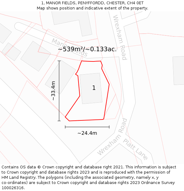 1, MANOR FIELDS, PENYFFORDD, CHESTER, CH4 0ET: Plot and title map