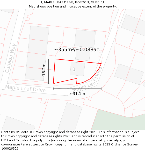 1, MAPLE LEAF DRIVE, BORDON, GU35 0JU: Plot and title map
