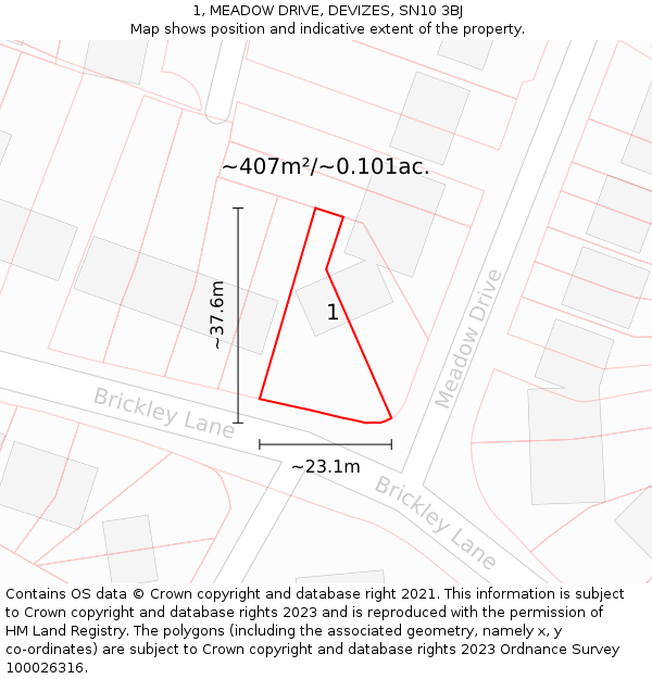 1, MEADOW DRIVE, DEVIZES, SN10 3BJ: Plot and title map