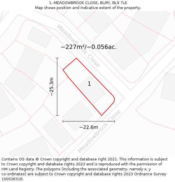 1, MEADOWBROOK CLOSE, BURY, BL9 7LE: Plot and title map