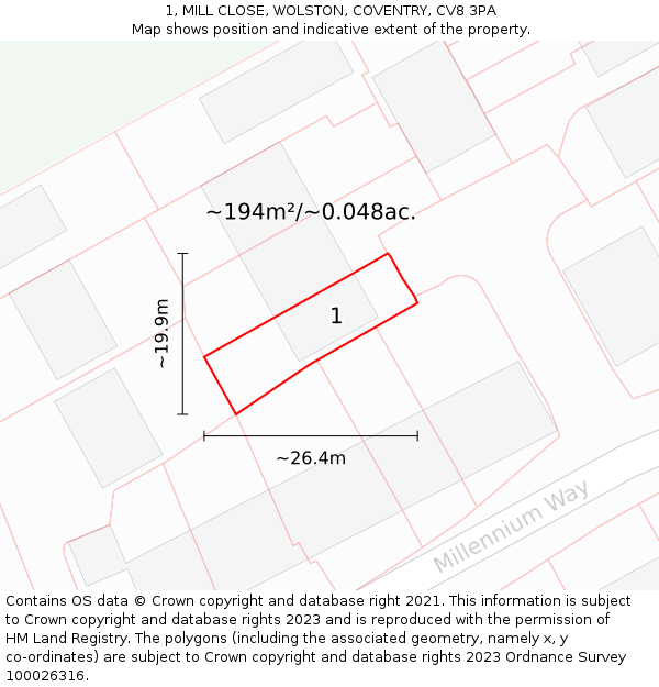 1, MILL CLOSE, WOLSTON, COVENTRY, CV8 3PA: Plot and title map