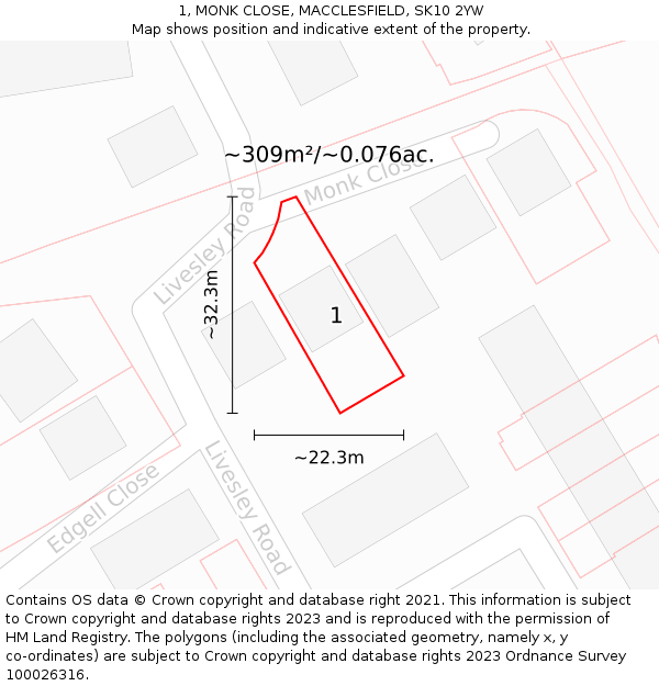 1, MONK CLOSE, MACCLESFIELD, SK10 2YW: Plot and title map