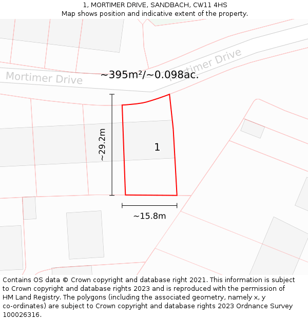 1, MORTIMER DRIVE, SANDBACH, CW11 4HS: Plot and title map