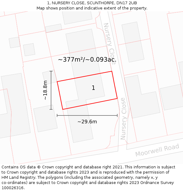 1, NURSERY CLOSE, SCUNTHORPE, DN17 2UB: Plot and title map