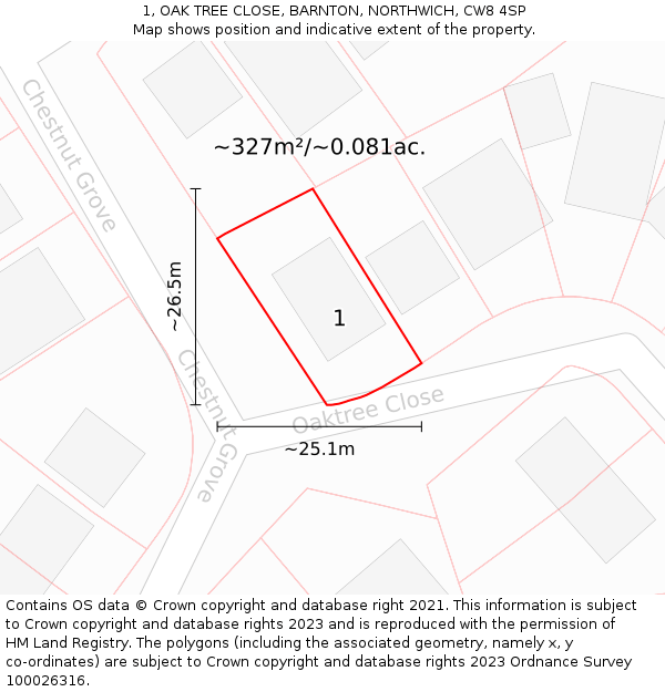 1, OAK TREE CLOSE, BARNTON, NORTHWICH, CW8 4SP: Plot and title map