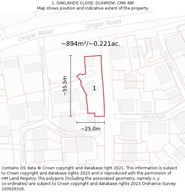 1, OAKLANDS CLOSE, DUNMOW, CM6 4BF: Plot and title map