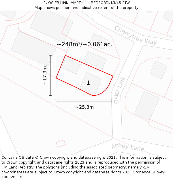 1, OSIER LINK, AMPTHILL, BEDFORD, MK45 2TW: Plot and title map