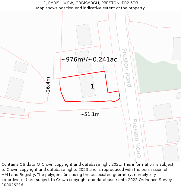 1, PARISH VIEW, GRIMSARGH, PRESTON, PR2 5DR: Plot and title map