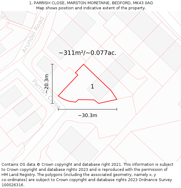 1, PARRISH CLOSE, MARSTON MORETAINE, BEDFORD, MK43 0AG: Plot and title map