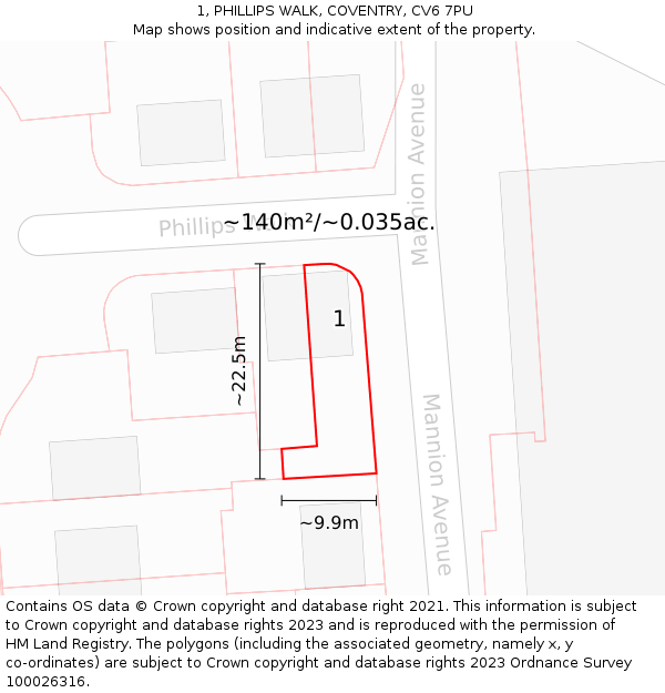 1, PHILLIPS WALK, COVENTRY, CV6 7PU: Plot and title map