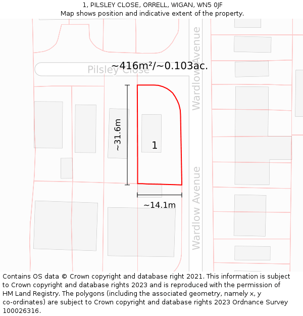 1, PILSLEY CLOSE, ORRELL, WIGAN, WN5 0JF: Plot and title map