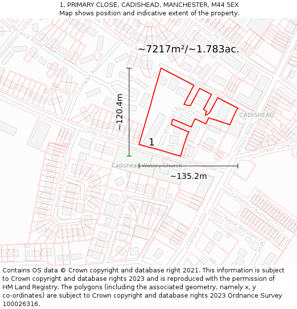 1, PRIMARY CLOSE, CADISHEAD, MANCHESTER, M44 5EX: Plot and title map