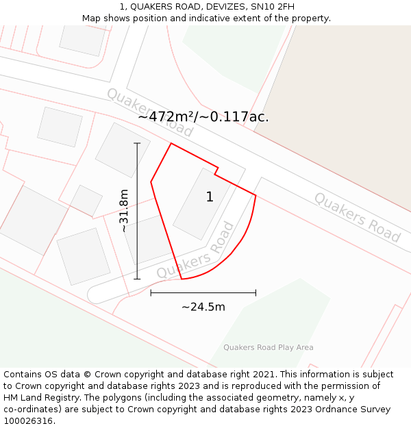 1, QUAKERS ROAD, DEVIZES, SN10 2FH: Plot and title map
