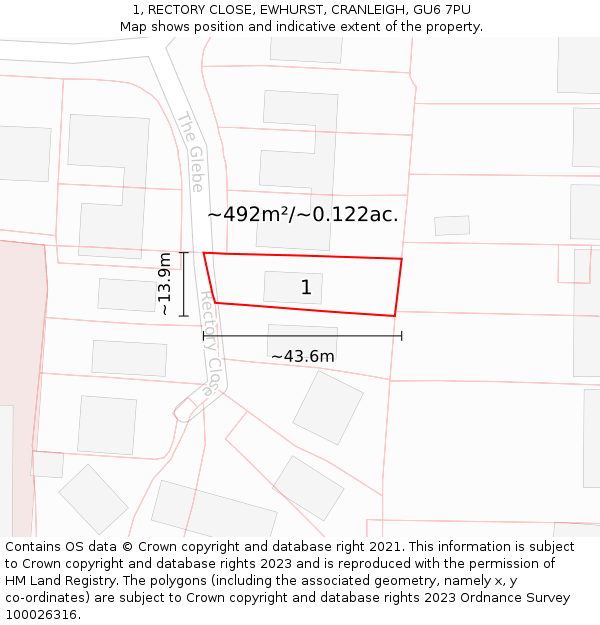 1, RECTORY CLOSE, EWHURST, CRANLEIGH, GU6 7PU: Plot and title map