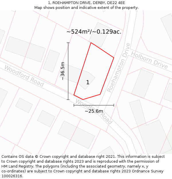 1, ROEHAMPTON DRIVE, DERBY, DE22 4EE: Plot and title map