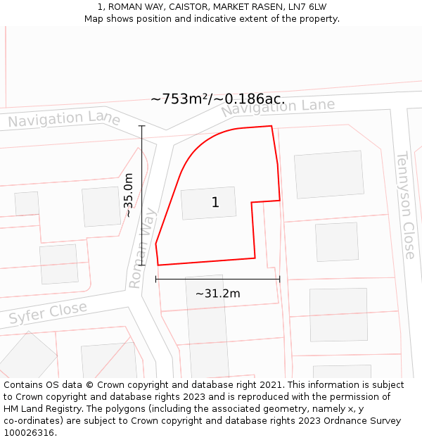 1, ROMAN WAY, CAISTOR, MARKET RASEN, LN7 6LW: Plot and title map