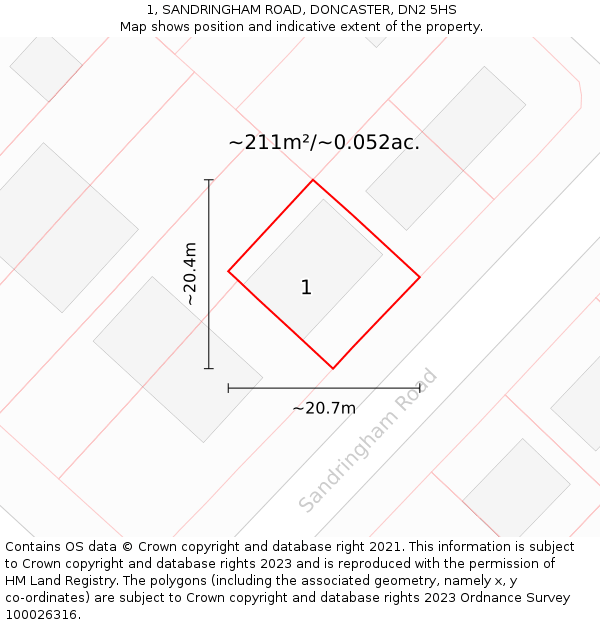 1, SANDRINGHAM ROAD, DONCASTER, DN2 5HS: Plot and title map