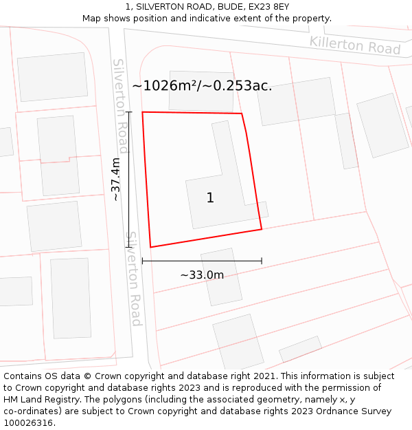 1, SILVERTON ROAD, BUDE, EX23 8EY: Plot and title map