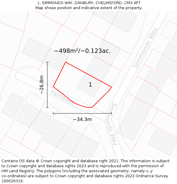 1, SIMMONDS WAY, DANBURY, CHELMSFORD, CM3 4PT: Plot and title map