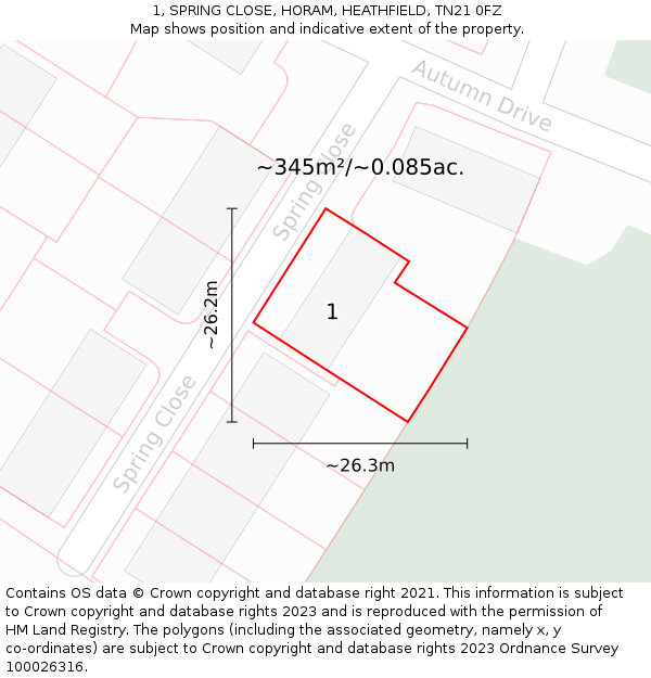 1, SPRING CLOSE, HORAM, HEATHFIELD, TN21 0FZ: Plot and title map