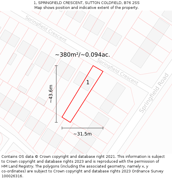 1, SPRINGFIELD CRESCENT, SUTTON COLDFIELD, B76 2SS: Plot and title map