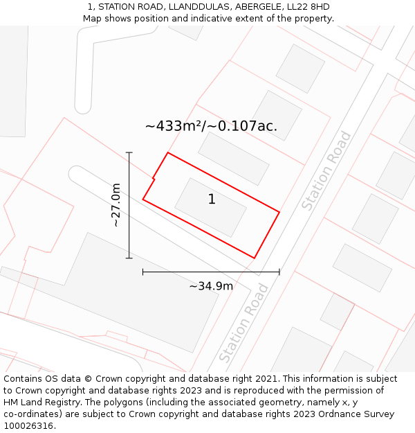 1, STATION ROAD, LLANDDULAS, ABERGELE, LL22 8HD: Plot and title map