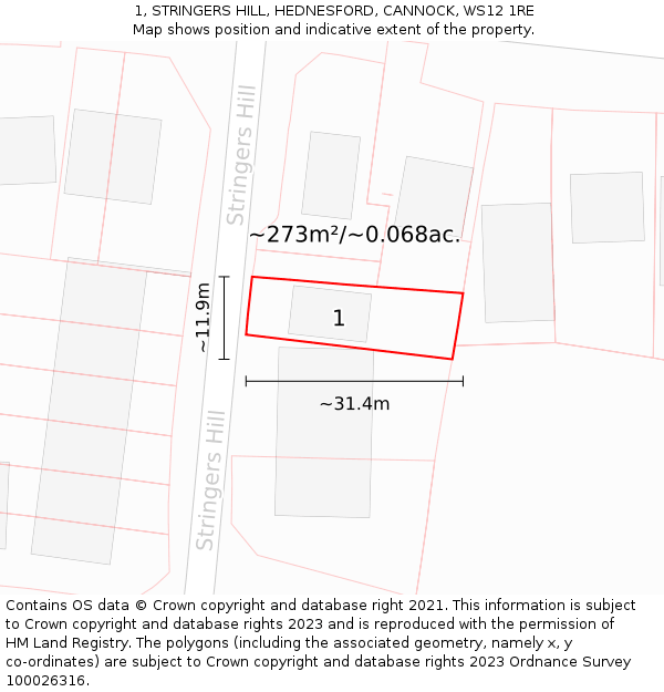 1, STRINGERS HILL, HEDNESFORD, CANNOCK, WS12 1RE: Plot and title map