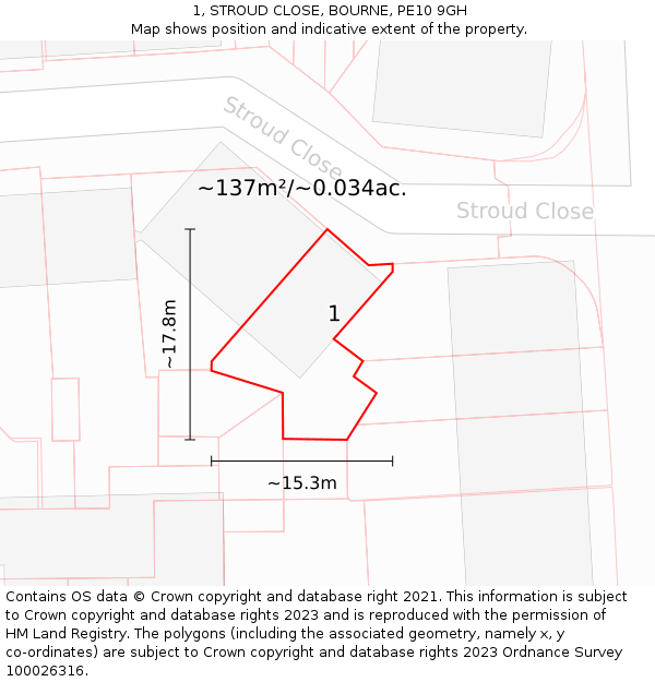 1, STROUD CLOSE, BOURNE, PE10 9GH: Plot and title map
