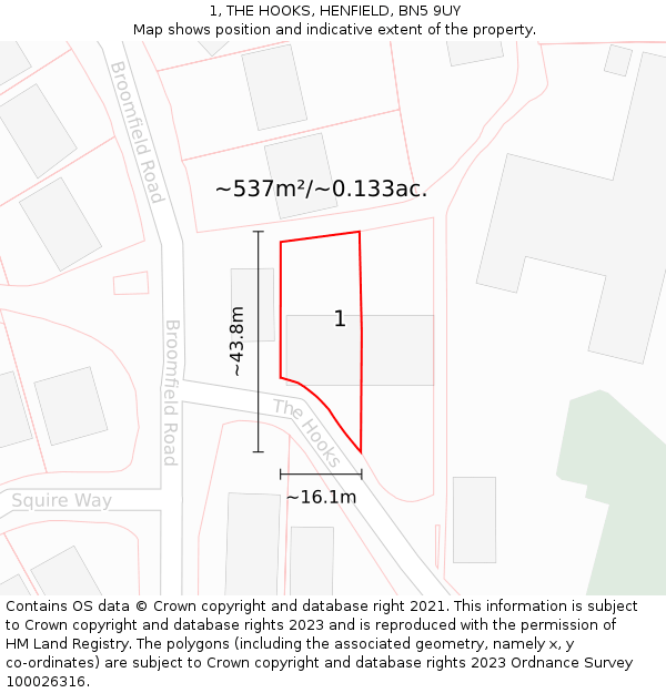 1, THE HOOKS, HENFIELD, BN5 9UY: Plot and title map