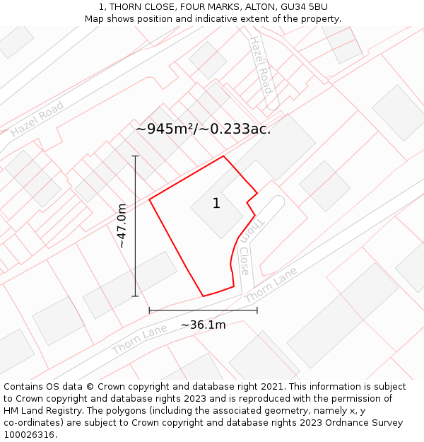 1, THORN CLOSE, FOUR MARKS, ALTON, GU34 5BU: Plot and title map