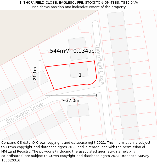 1, THORNFIELD CLOSE, EAGLESCLIFFE, STOCKTON-ON-TEES, TS16 0NW: Plot and title map