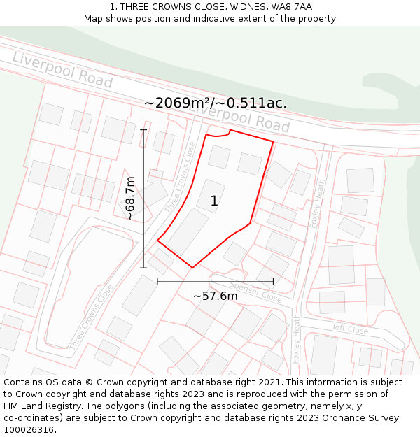 1, THREE CROWNS CLOSE, WIDNES, WA8 7AA: Plot and title map