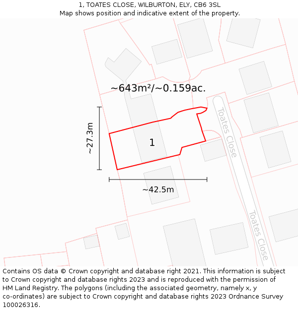 1, TOATES CLOSE, WILBURTON, ELY, CB6 3SL: Plot and title map
