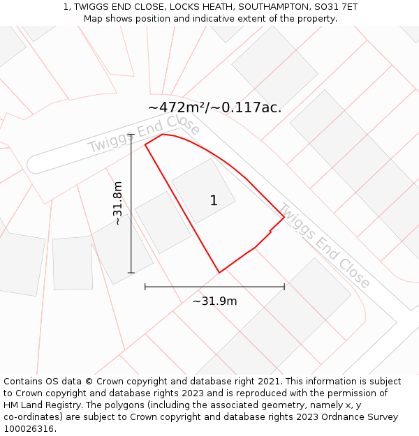 1, TWIGGS END CLOSE, LOCKS HEATH, SOUTHAMPTON, SO31 7ET: Plot and title map
