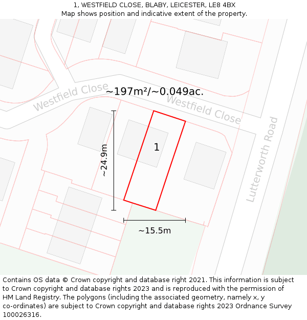 1, WESTFIELD CLOSE, BLABY, LEICESTER, LE8 4BX: Plot and title map