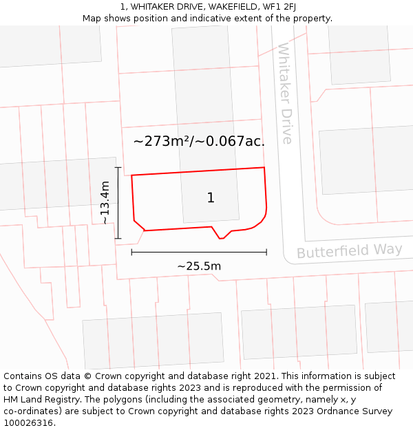 1, WHITAKER DRIVE, WAKEFIELD, WF1 2FJ: Plot and title map