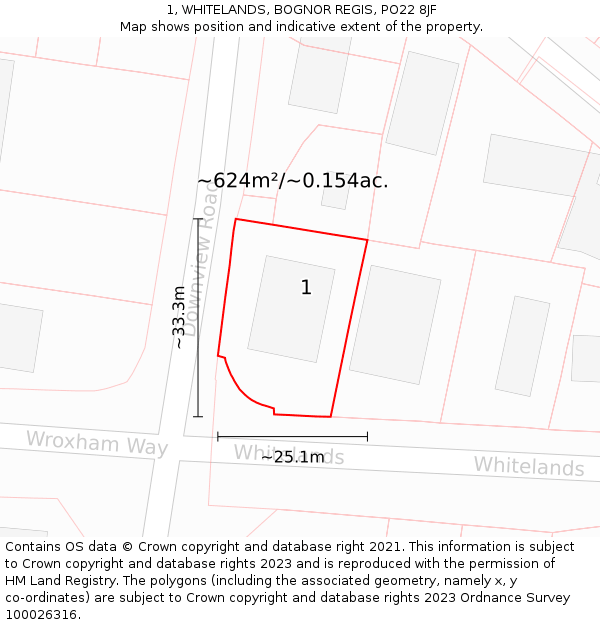 1, WHITELANDS, BOGNOR REGIS, PO22 8JF: Plot and title map