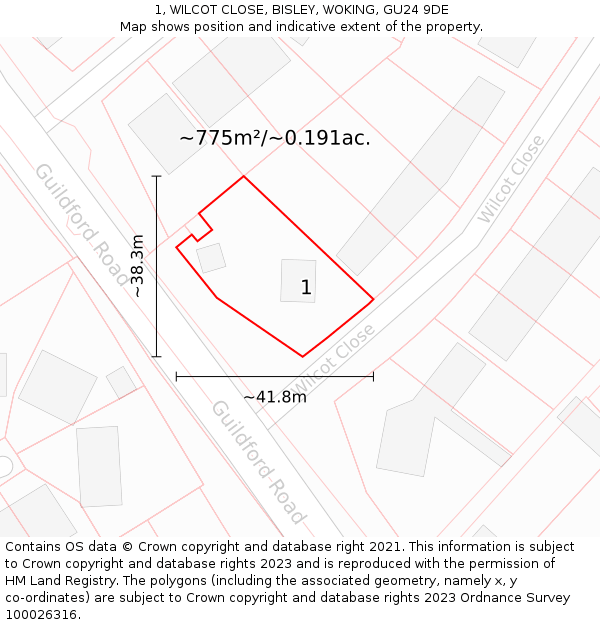 1, WILCOT CLOSE, BISLEY, WOKING, GU24 9DE: Plot and title map