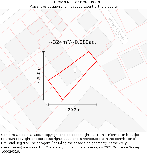 1, WILLOWDENE, LONDON, N6 4DE: Plot and title map