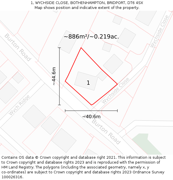 1, WYCHSIDE CLOSE, BOTHENHAMPTON, BRIDPORT, DT6 4SX: Plot and title map